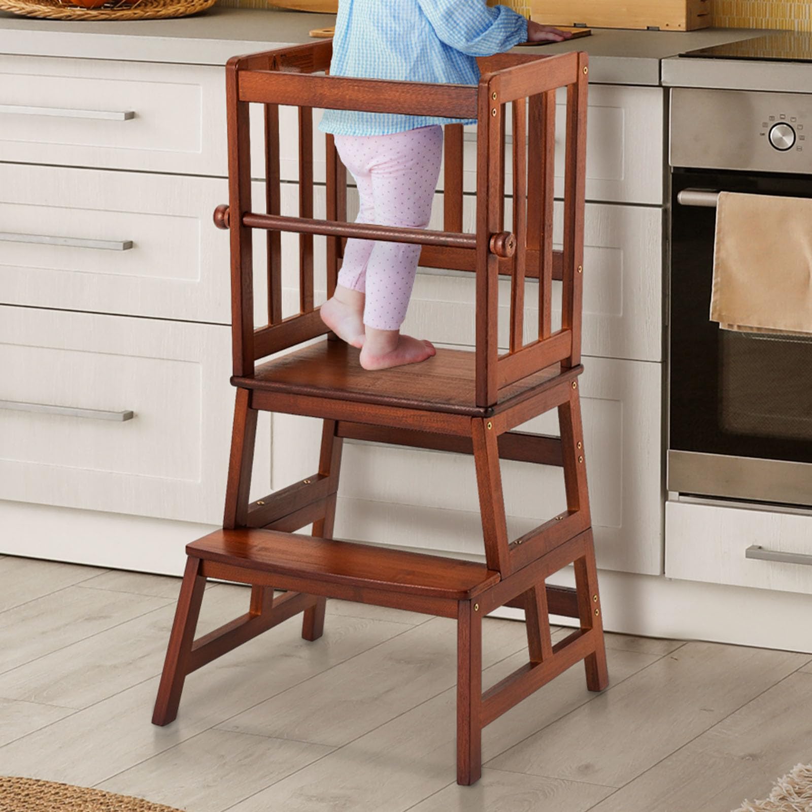 Photo 1 of COSYLAND Kids Kitchen Step Stool, Toddler Standing Tower with CPC & FSC Certification, Removable Anti-Drop Railing Safety Rail Enjoys Unique Patented Design A Anti-tip Stable Structure Brown