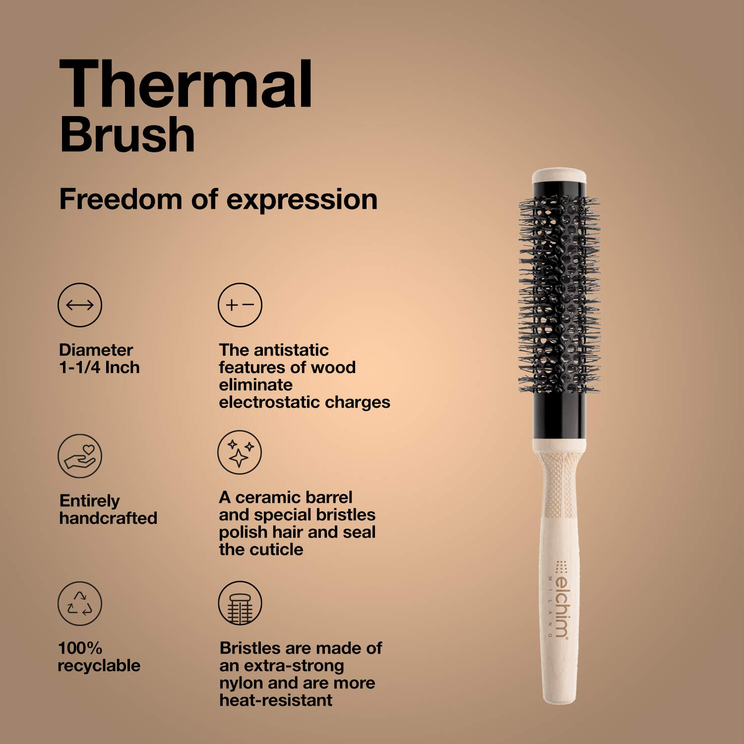 Elchim Round Hair Brush for Blow Drying, Wooden with Ceramic Barrel, 3 Versatile Sizes | Professional Thermal Styling and Blow Dryer Brush