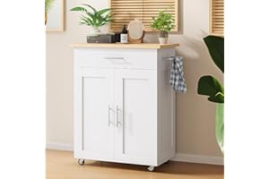 LOTATOOLS Kitchen Island Cart, Small Kitchen Island with Storage - Large Drawer, Adjustable Shelf & Towel Rack, Mobile Rolling Kitchen Island with Wheels, Space-Saving White Kitchen Organizer for Dining Room