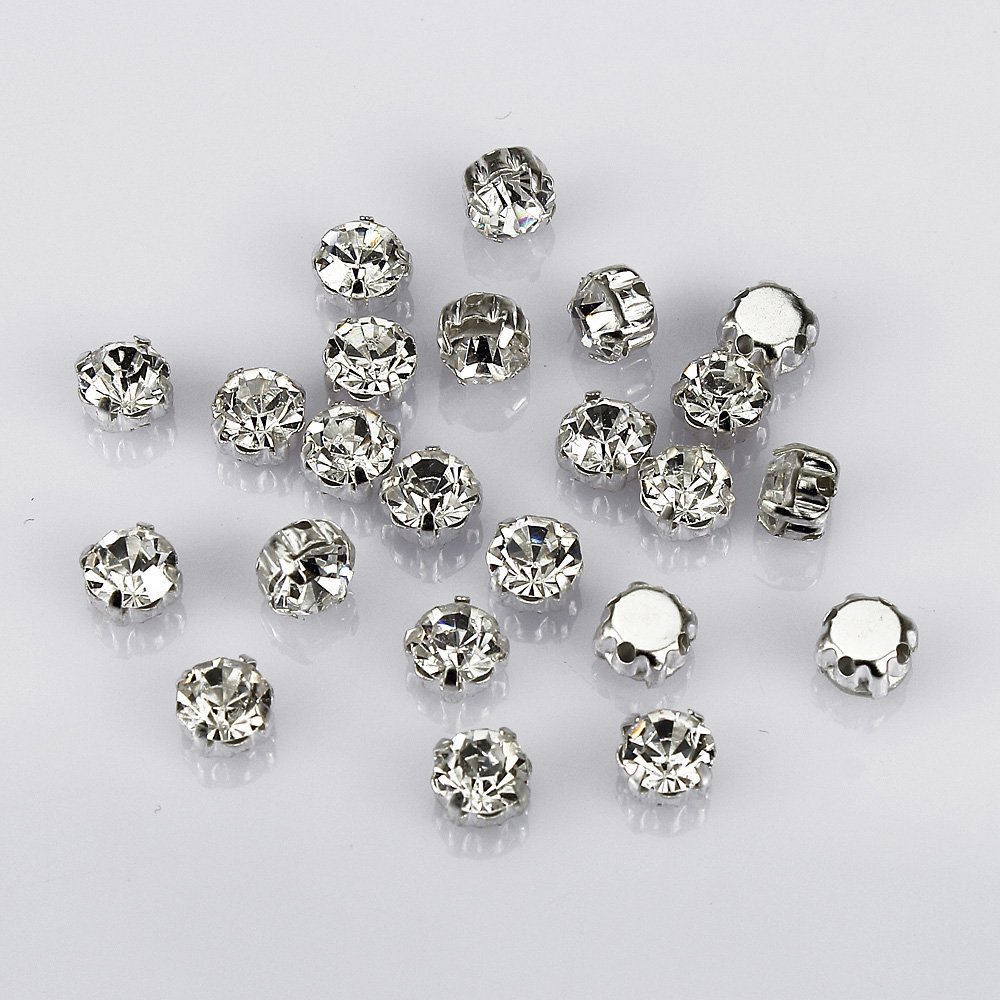 LolliBeads (TM) 50 Pcs Crystal Ringed Sew on Rhinestone Czech Glass with Silver Plated Brass Base Prongs Cup, White 7 mm