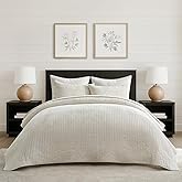 EVERGRACE Velvet Quilt Set Queen Size, Luxurious Soft Striped Channel Bedding Set, Lightweight Velvet Comforter for All Season, Oversized Bedspread Coverlet with 2 Matching Shams, Ivory White