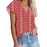 Dokotoo Summer Floral Printed Shirt for Women V Neck Henley Summer Chiffon T Shirts Bohemian Tops Tunic Work Blouses Small Red