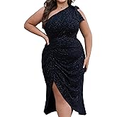 Women's Plus Size Sequin Glitter Dress One Sparkly Shoulder Ruched Wrap Cocktail Party Black Slit Dress