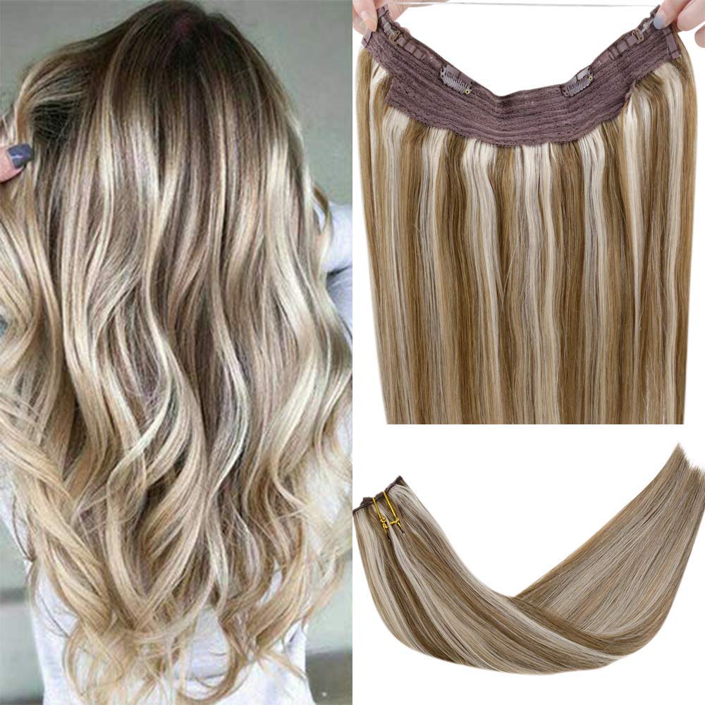 [Hot Sale]LaaVoo 16inch Salon Style Invisible Wire Halo Human Hair in Highlighted Color Ash Brown Mixed Medium Blonde Popular Color Fish Line Flip on Hair 10.5inch Width 80g Per Pack