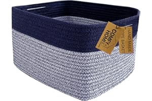 COMFY-HOMI Rectangular Cotton Rope Basket With Handles for Shelves|Dog Toy Basket|Baby Basket|Gift Basket Empty for Boy Girl-NEW Generation 13.5" x 11" x 9.5" for Living Room（Dark Blue）