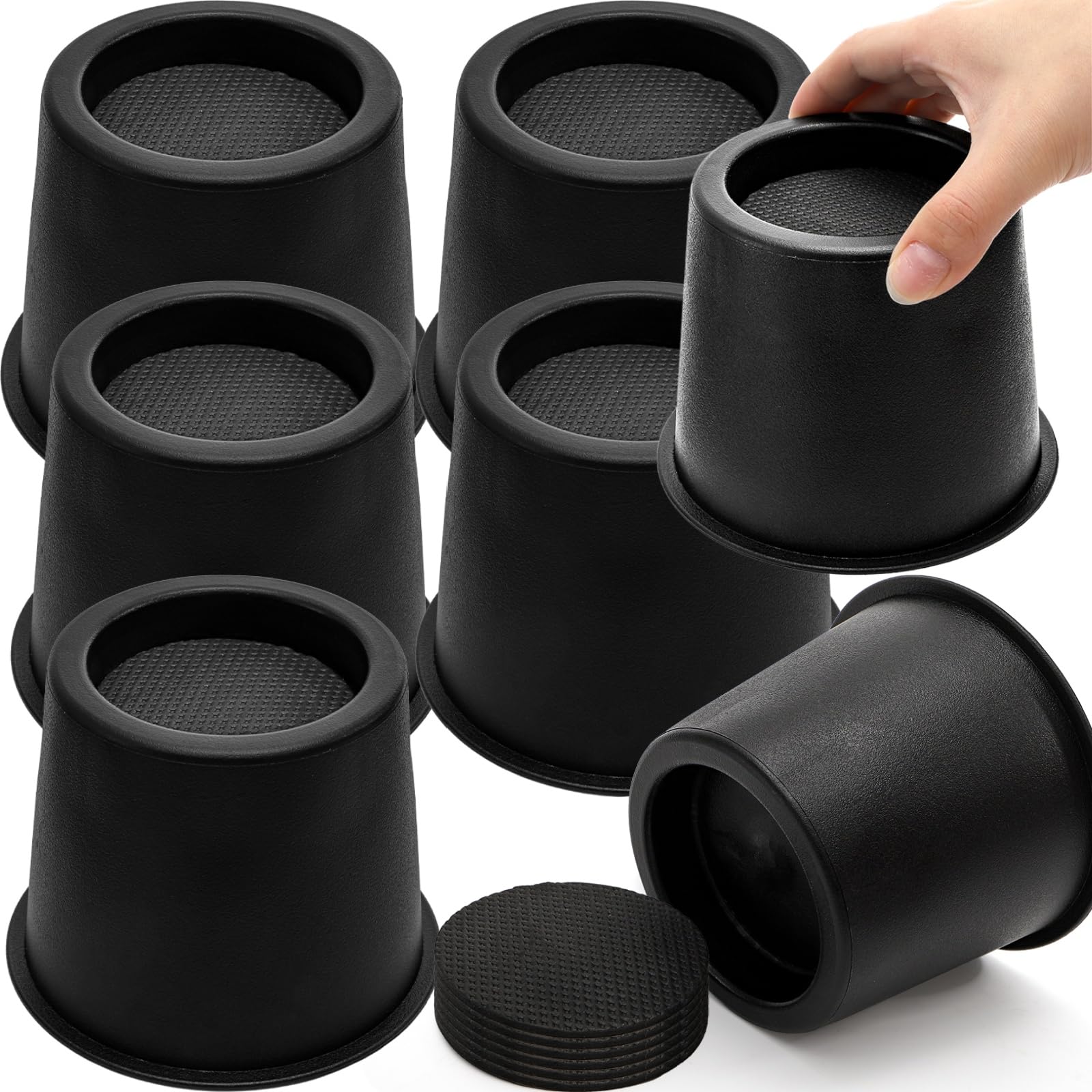Photo 1 of Noamus 6 Pack Round Bed Risers, 4 Inch Furniture Raising Blocks, Black Lifts with Non-Slip Foam Pads, Heavy Duty Dorm Bed Frame Extenders for Desk Chair, Table Legs, Sofa Couch