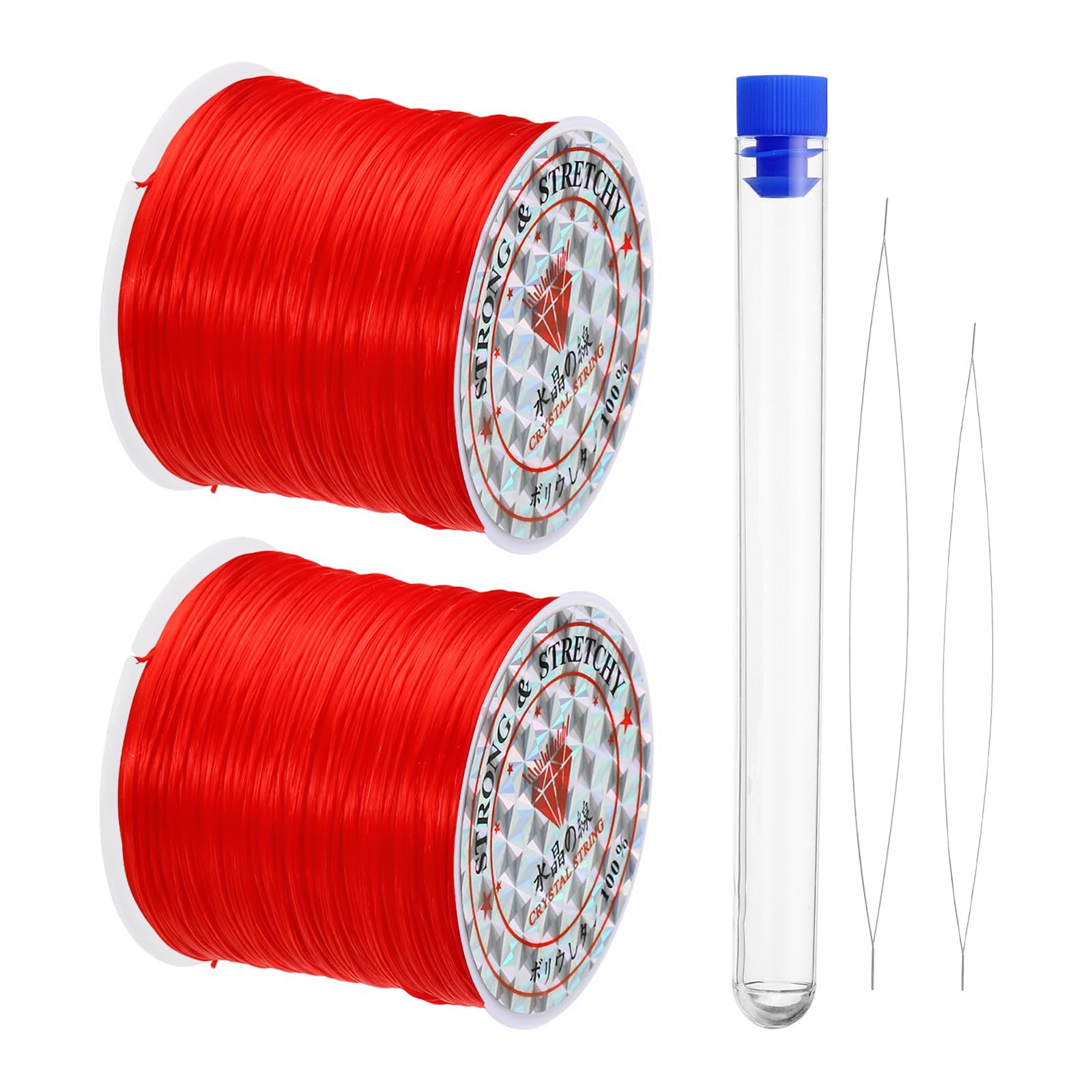 PATIKIL 0.7mm Stretchy Bracelet String Set, Total 302Ft 2 Rolls Craft Elastic Bead Cord with 2 Pcs Beading Needles for Jewelry Making Necklace Bracelet Kit, Red