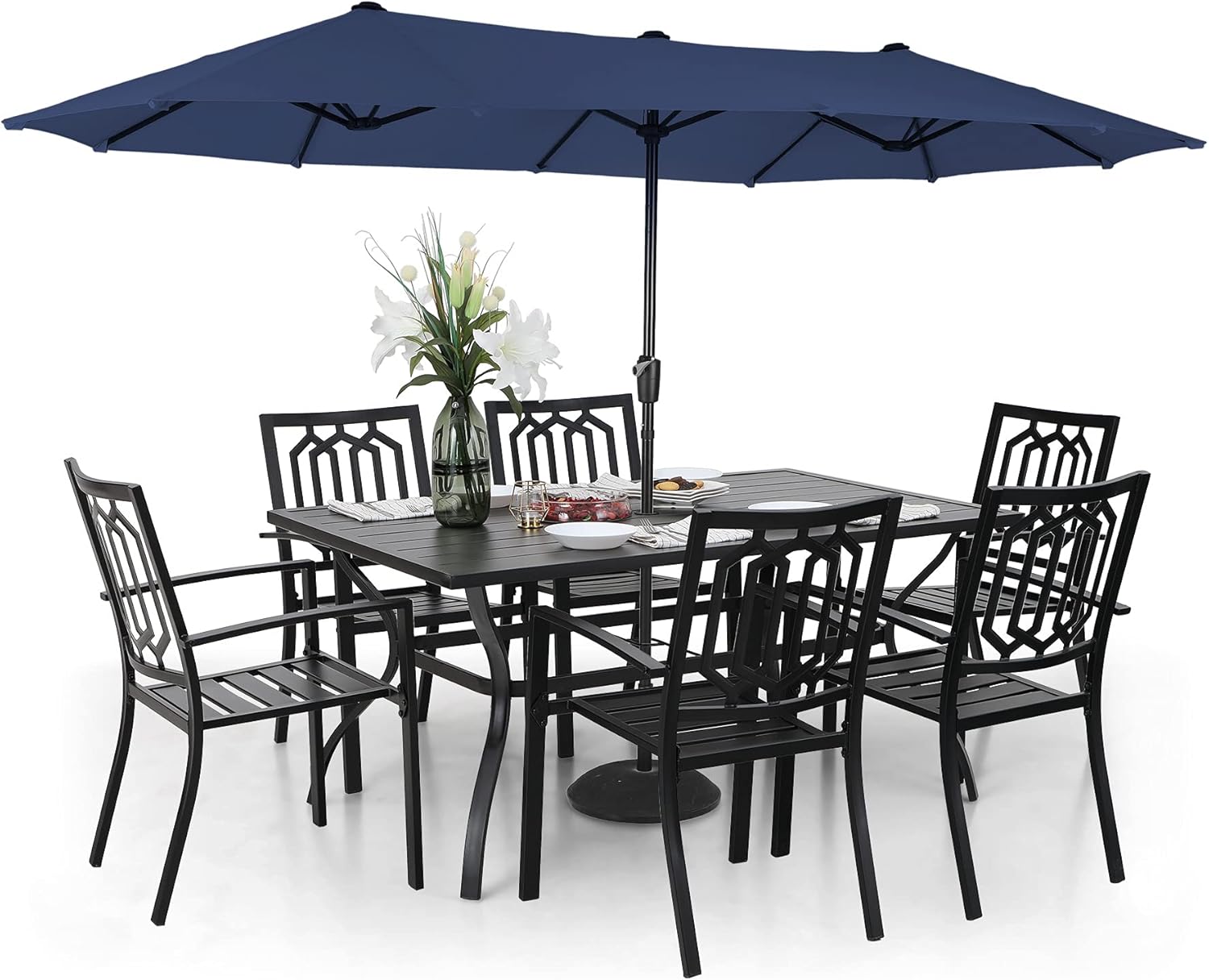 Sophia & William Patio Dining Set with 13ft Double-Sided Patio Umbrella, 8 Piece Metal Outdoor Table Furniture Set - 6 x Outdoor Chairs, 1 x Rectangle Dining Table and 1 Large Navy Blue Umbrella