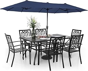 Sophia & William Patio Dining Set with 13ft Double-Sided Patio Umbrella, 8 Piece Metal Outdoor Table Furniture Set - 6 x Outdoor Chairs, 1 x Rectangle Dining Table and 1 Large Navy Blue Umbrella