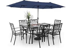 Sophia & William Patio Dining Set for 6 with 13ft Double-Sided Patio Umbrella, 8 Piece Metal Outdoor Table Furniture Set - 6 Outdoor Chairs, 1 Rectangle Dining Table and 1 Large Navy Blue Umbrella