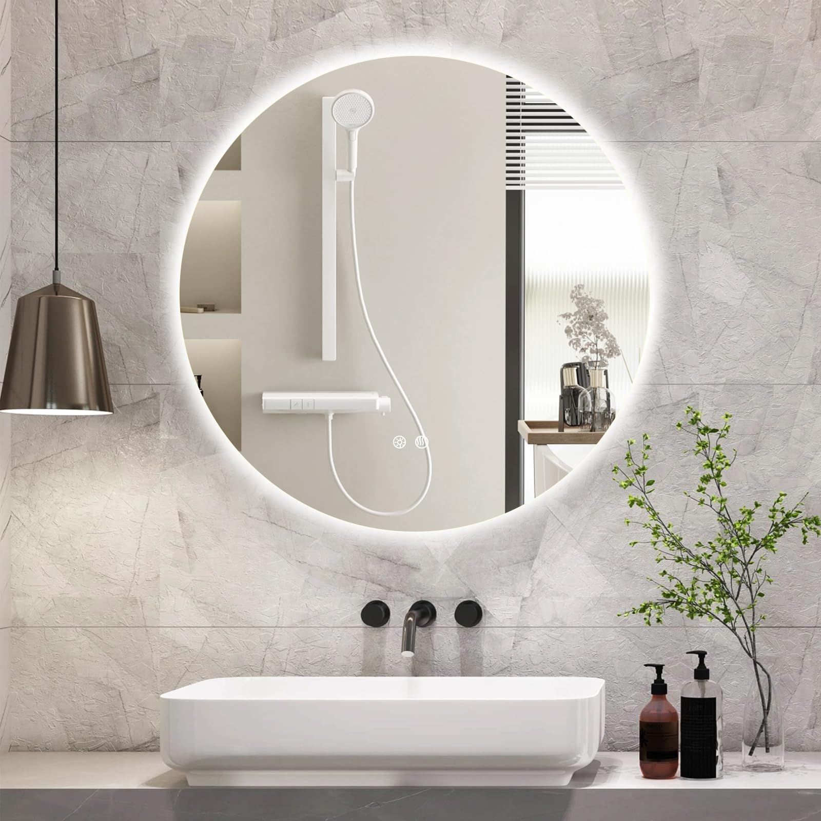 Photo 1 of BuLife 24 Inch Round LED Bathroom Mirror Backlit Anti-Fog 3 Colors Light Dimmable Wall Mounted Lighted Bathroom Vanity Mirror Smart Makeup Mirror with Touch Switch