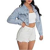 winkbay Women's Cropped Jean Jacket Y2k Ripped Frayed Hem Button Down Denim Shacket Streetwear