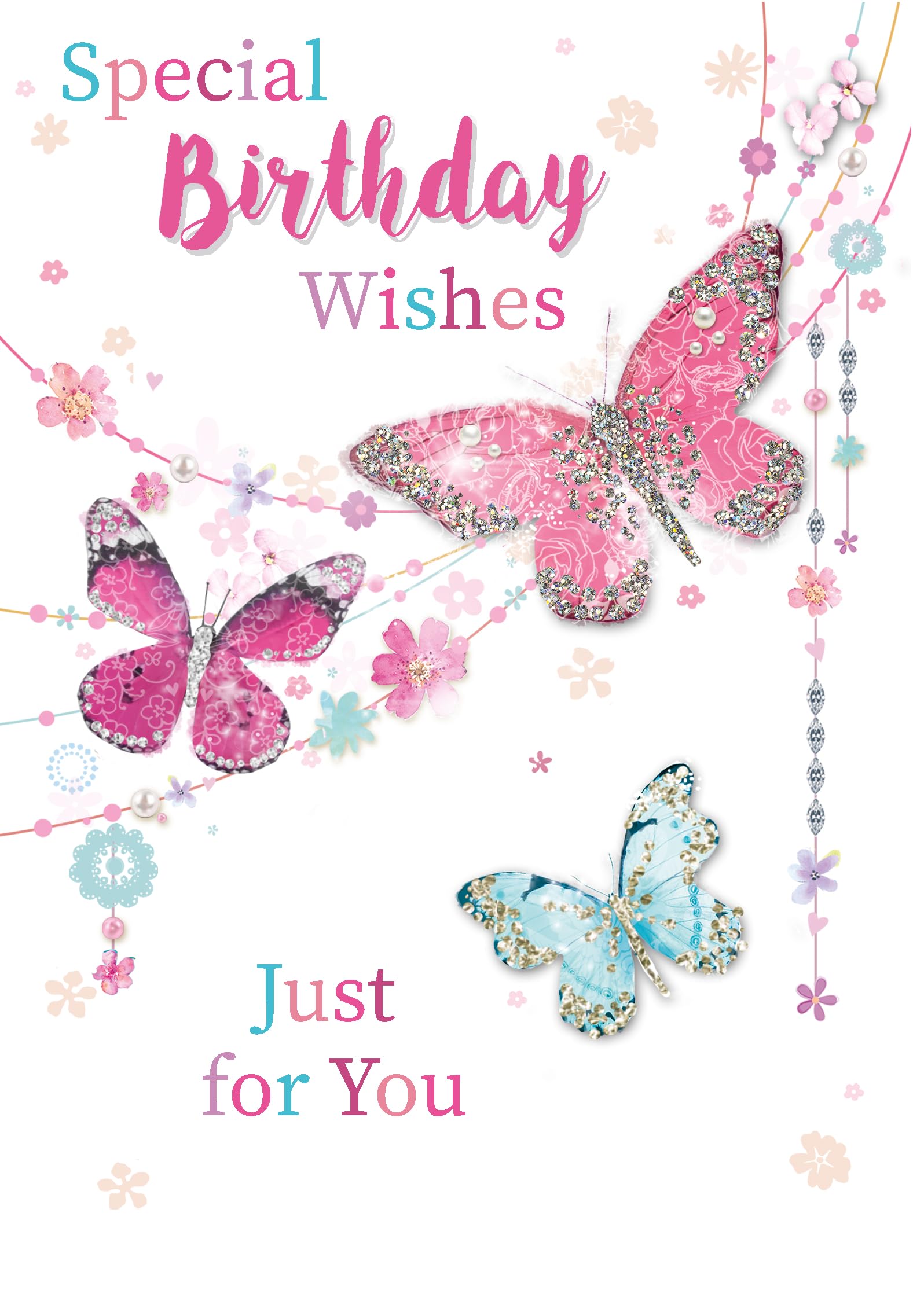 Open Female Birthday Card - Pink Blue Glitter Butterflies and Flowers 7.75x5.25