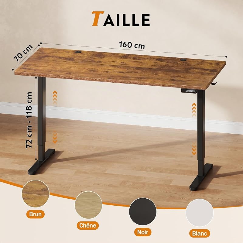 Bureau Assis-Debout Électrique 160 x 70cm, Moteur Silencieux avec 3 Mémoires, Table Ergonomique pour Télétravail et Bureau, Marron