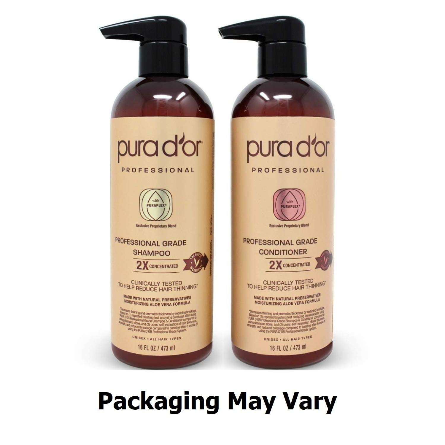 PURA D'OR Professional Grade Anti-Hair Thinning 2X Concentrated Actives Biotin Shampoo & Conditioner (16oz x 2), No Sulfates, Clinically Tested, All Hair Types, Men & Women (Packaging Varies) : Beauty