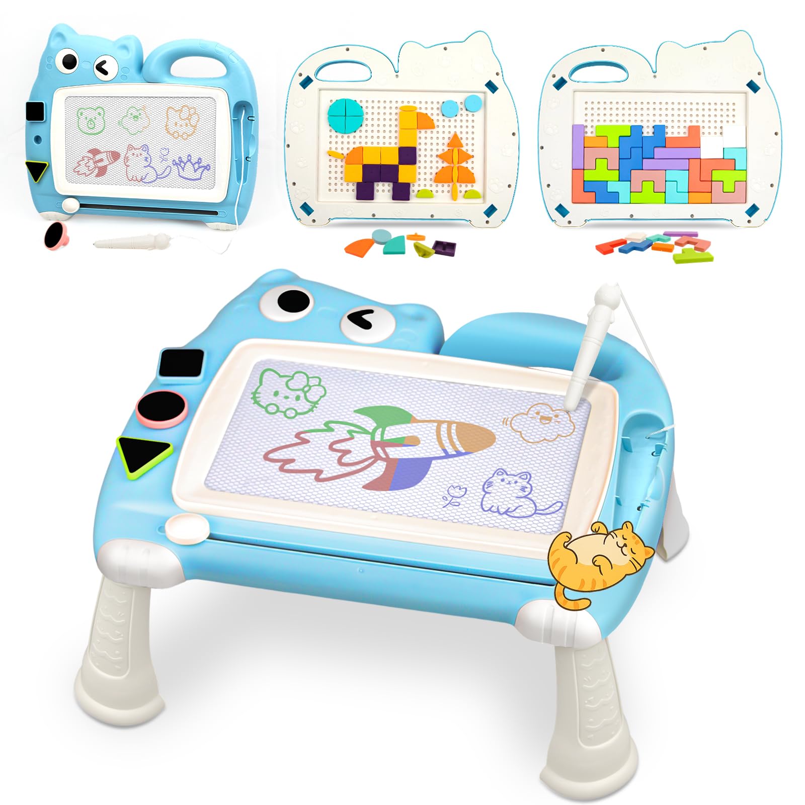 Riswistoy 8.5 Inch Magnetic Drawing Board for Toddlers Toy with Stand - 3 Game Modes, STEM Educational Doodle Boards for 3 4 5 Year Old Boys & Girls, Ideal Birthday Gift (Blue)