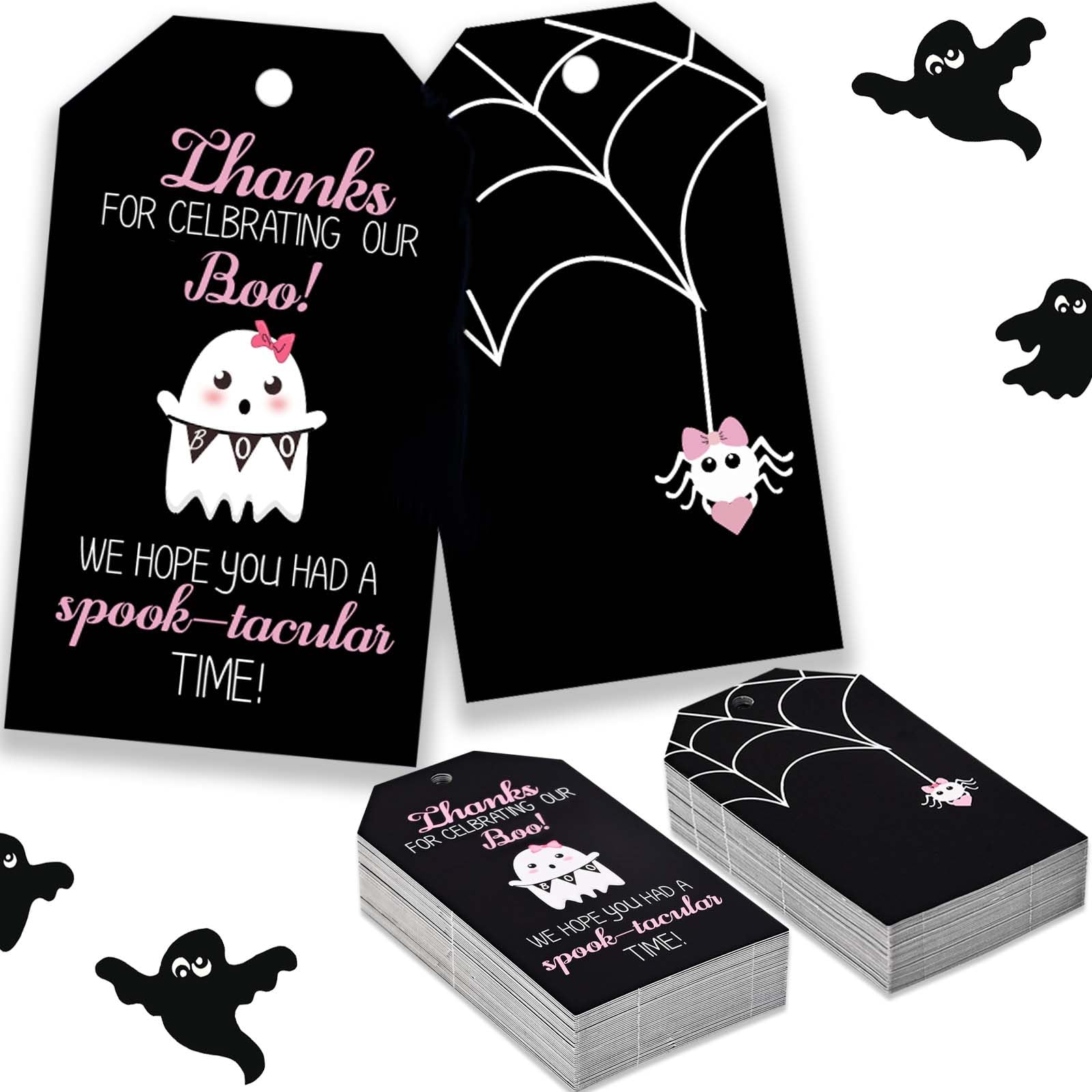 Photo 1 of 100Pcs Halloween Ghost Thank You Favor Tags Pink Black Boo Ghost Paper Gift Tags for Halloween Party Baby Shower Birthday Party Supplies