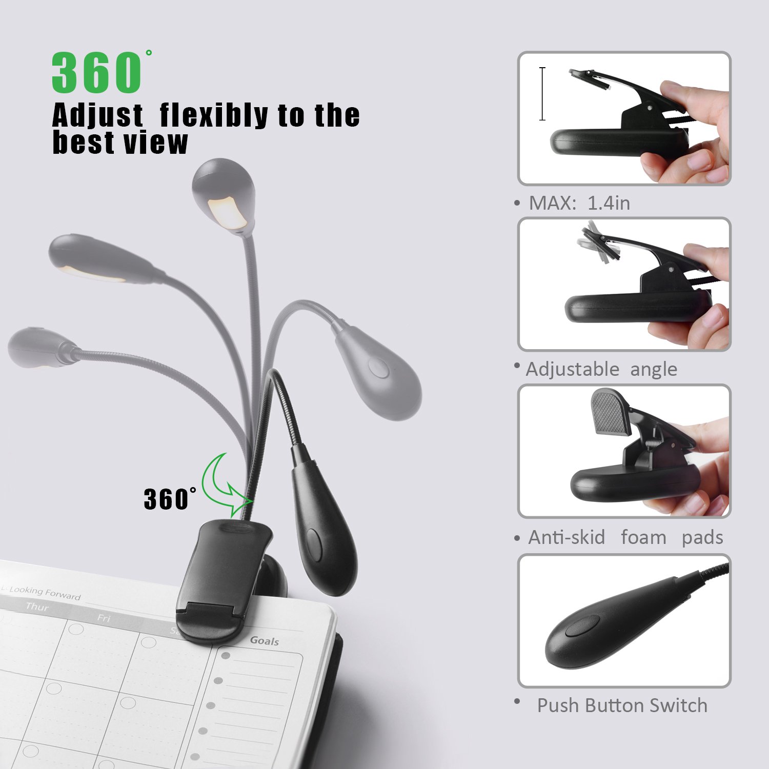 LED Reading Light, 4000K Rechargeable 7 LED Book Light, 2-level Warm Brightness and Flexible Easy Clip On Reading Lamp, Eye Protection Brightness, Best Reading Light for Bedside Night Reading