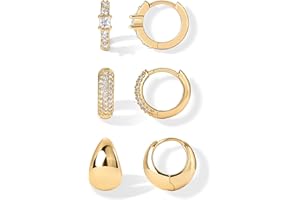 PAVOI 18K Gold Plated 925 Sterling Silver Posts Three Pairs Huggie Hoop Earrings for Women - Triple Gold Hoop Earring Pack with Cubic Zirconia - Chunky Dome Pave Huggie Piercing Statement Jewelry Set