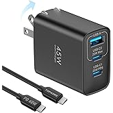 45W USB C Charger Block, Total 45W Output 3 Port USB C Fast Charger, Wall Charger with a 60W Cable Foldable Compact Type C Fast Charging for iPhone 16/15/14/13, for Galaxy S24/S23, Black