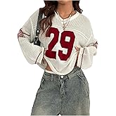 BEAUDRM Women's Y2k Tops Graphic Oversized Crochet Jersey Shirt V Neck Long Sleeve Knit Pullover Sweater Going Out Top