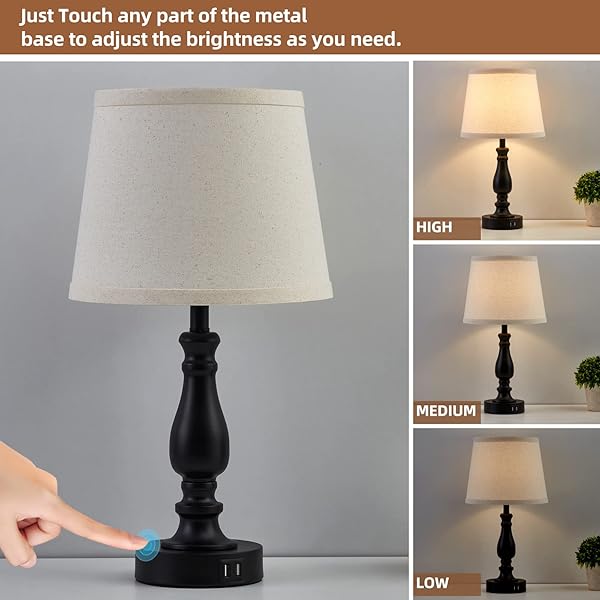 LAMPS FOR BEDROOM SET OF 2,TOUCH BEDSIDE TABLE LAMP WITH USB C+A PORTS,3 WAY DIMMABLE NIGHTSTAND LAMPS WITH ROUND FABRIC LINEN LAMPSHADE FOR LIVING ROOM READING BED SIDE END TABLE,BULBS INCLUDED