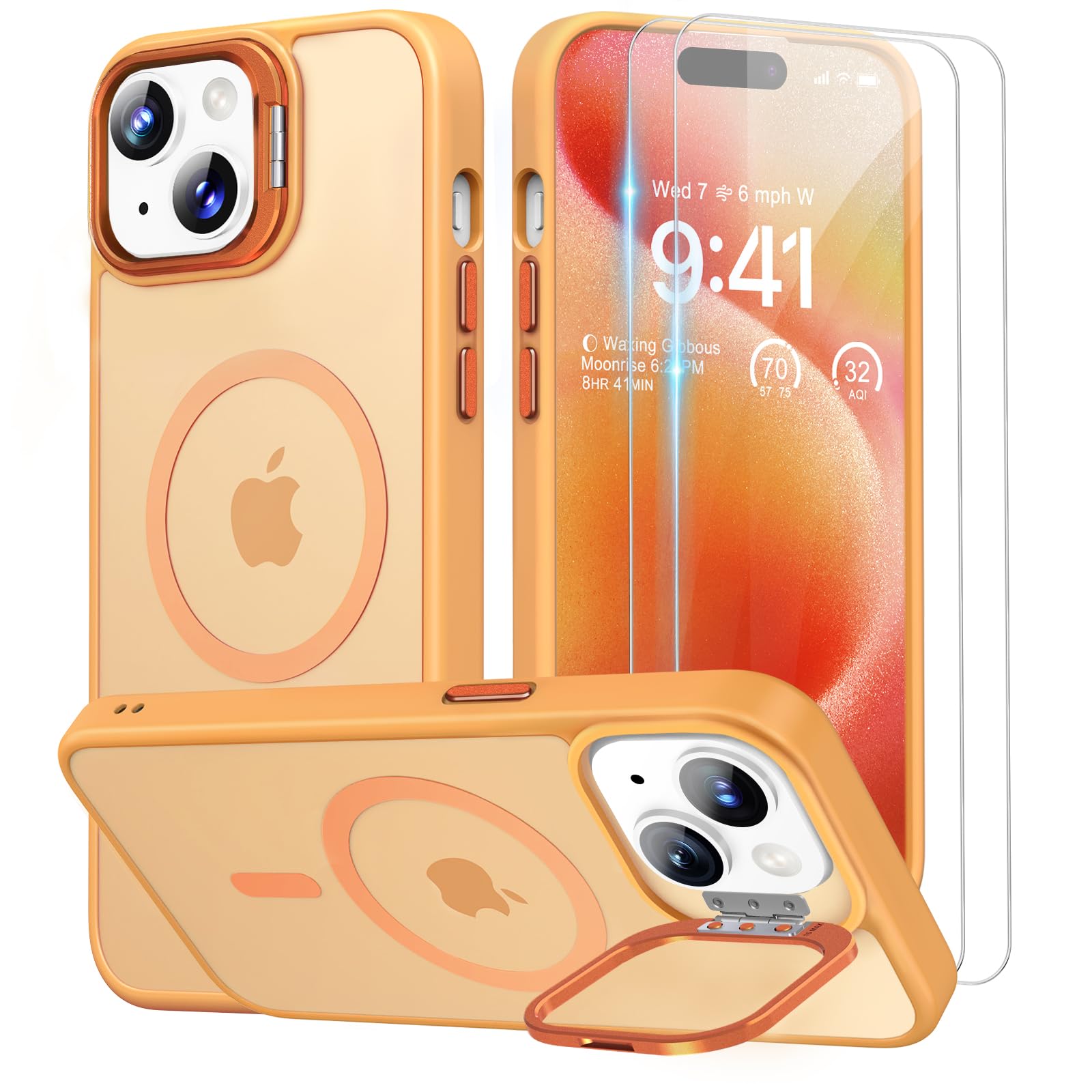 Beeasy for iPhone 15 Case MagSafe Phone Case with 2 Screen Protectors and Stand, Military Shockproof Protective Slim Cover, Case for iPhone 15 6.1 Inch, Translucent Orange — image 1