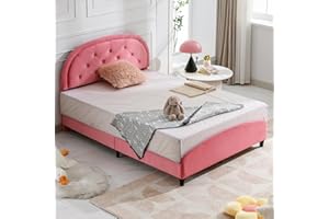 PUREMIND Twin Bed Frame for Kids, Kids Bed with Crystal Tufted Headboard, Princess Bed for Childs, Pink Dutch Velvet, Non-Slip Legs, Solid Wood Slats, Easy Assembly-Crystal Twin