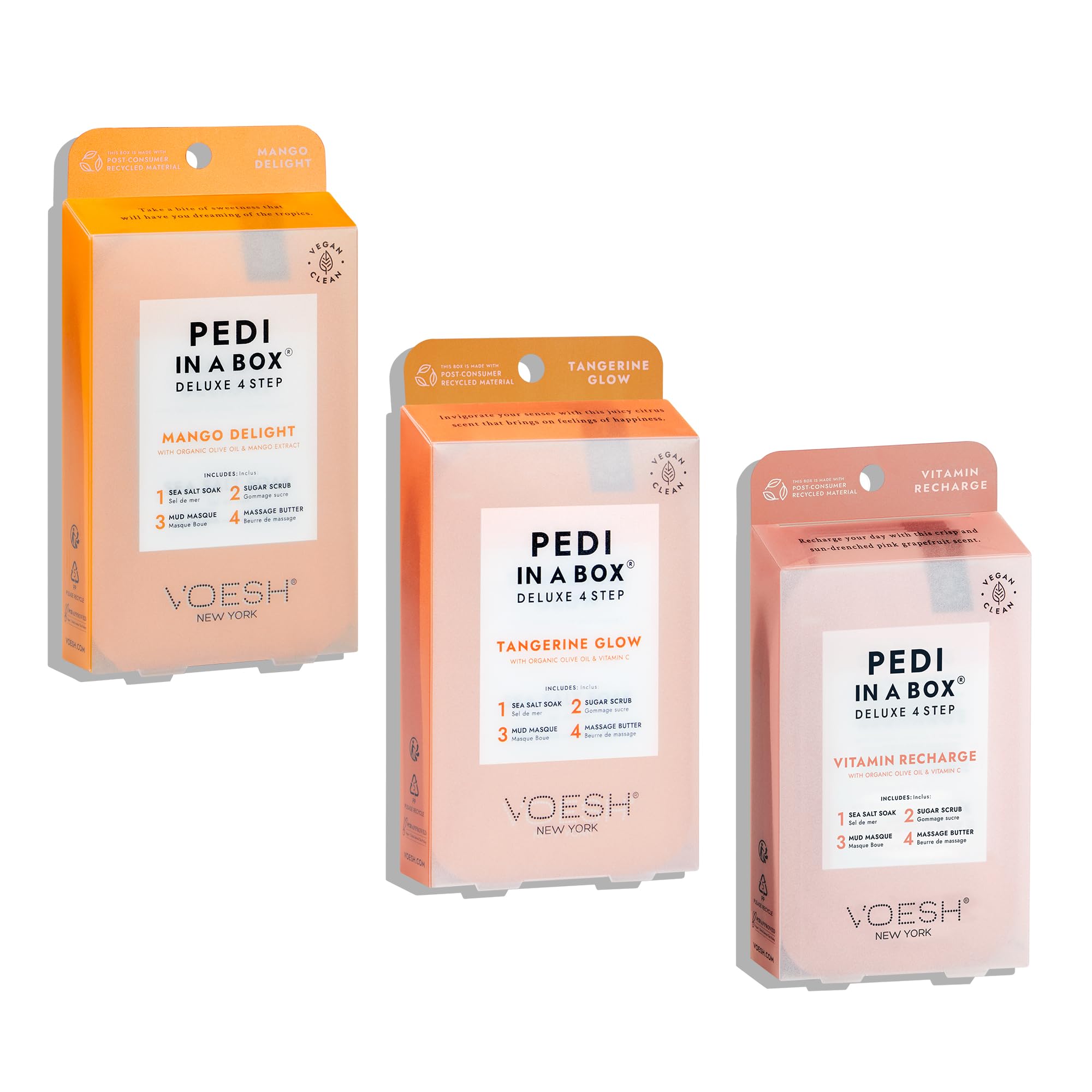 VOESH Pedi In a Box 4 Step Fruity Trio 3 Pack, Mango Delight, Tangerine Twist, and Vitamin Recharge, At Home Pedicure Treatment, At Home Pedi, Spa Treatment, Vegan Beauty, Foot Spa, Luxury