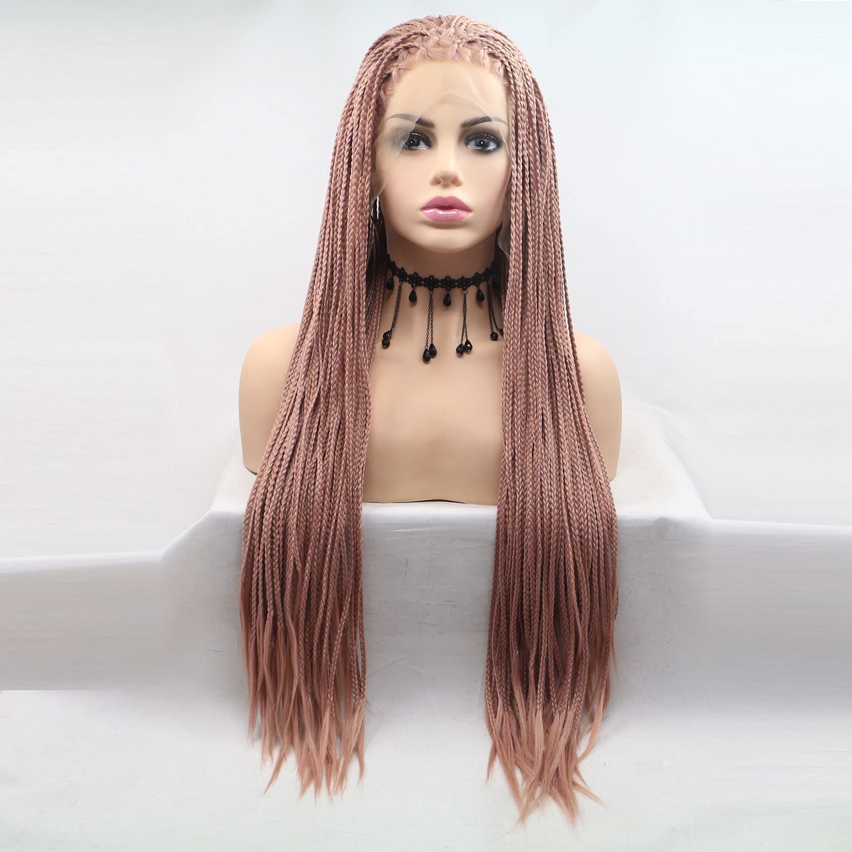 xiweiya Rose Gold Braided Wig Peach Pink Micro Braids Synthetic Lace Front Wig Double Dutch Cornrow Braids Pink Box Braids Afro Braid for Women 28inch โ image 1