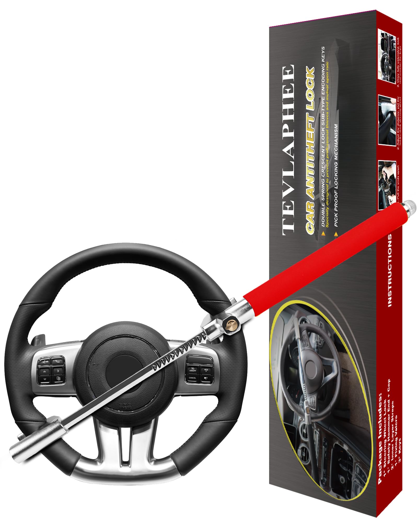 Tevlaphee Steering Wheel Lock, Steering Lock, Car Steering Wheel Lock, Vehicle Anti-Theft Lock, Adjustable, Universal Fit, Heavy Duty(Red)
