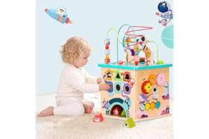 UDEAS Pre-Assembled 9 in 1 Wooden Activity Cube. Educational Learning Toy for Kids with Bead Maze, Shape Sorter and Music Gea