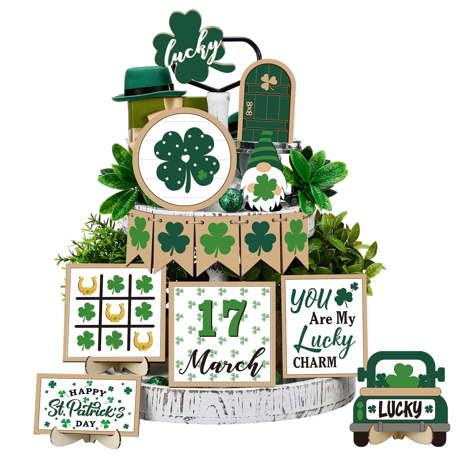 Photo 1 of 14 Pcs St. Patrick's Day Tiered Tray Decor Set Shamrock Irish Lucky Wooden Signs Saint Patty's Day Table Decoration for Home Kitchen Bar Tabletop Party Gift