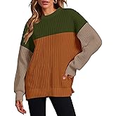 Zeagoo Women 2026 Fall Lightweight Oversized Sweater Crew Neck Long Sleeve Color Block Pullover Rib Knit Blouse Tops XS-2XL