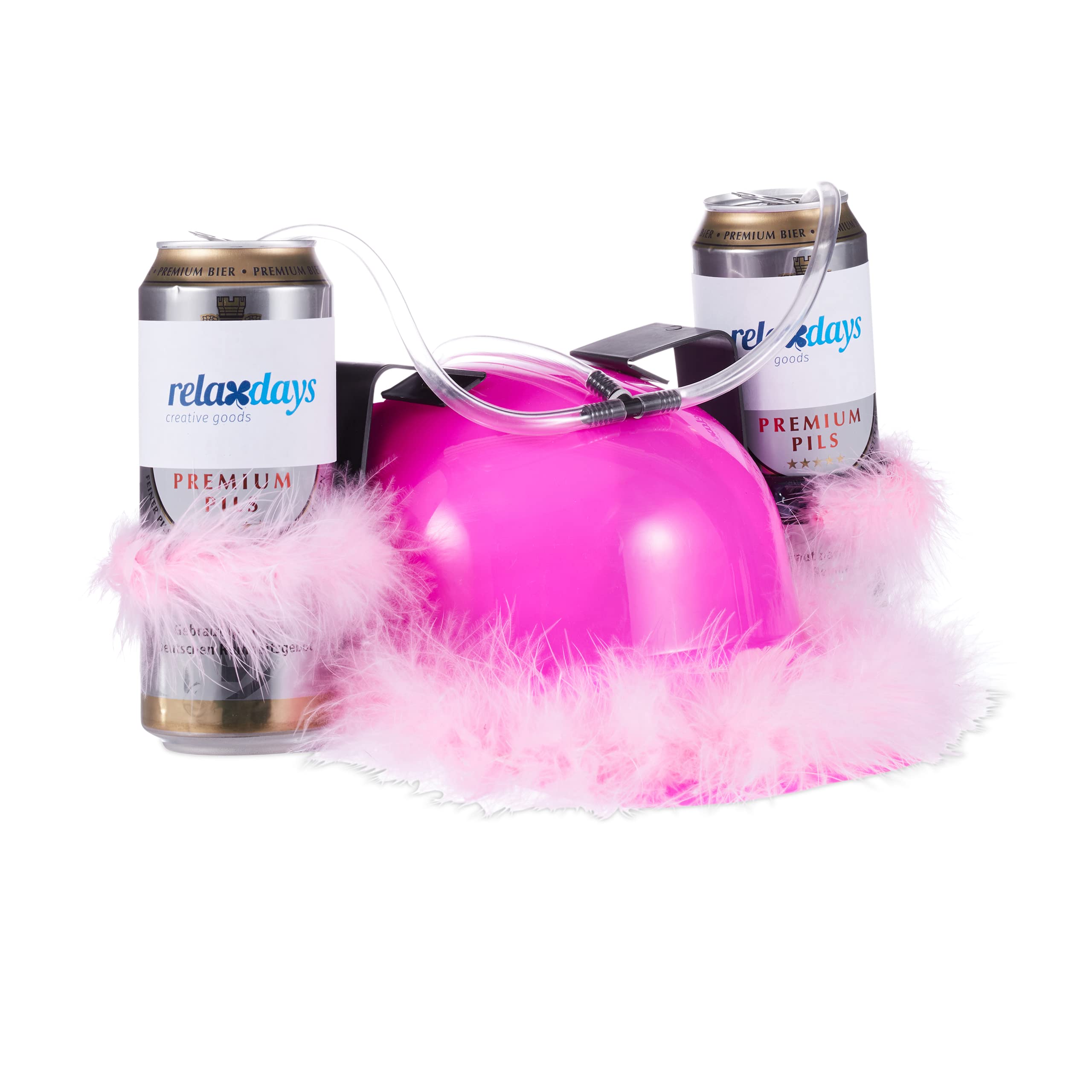 Relaxdays Pink Party Beer Hat, Drinking Hat, Adult Headwear with Tube & Pink Feathers, Bachelorette Parties