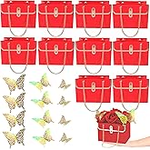 JHXTZ 10 Pack Flower Paper Gift Bags with 12pcs Gold Dazzle 3D Butterfly Decoration, Portable Floral Handbag Box with Metal Chain, Florist Carrier for Valentine's Day Birthday Gifts(Red)