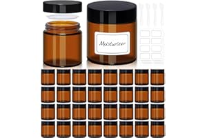 UPBUD 4 oz Amber Glass Jars with Lids - 32 Pack Brown Cosmetic Containers with Stickers & 4 Spoons, Wide-Round Smooth Mouth, Sealable for Creams, Essential Oils, Body Butter, Travel Samples