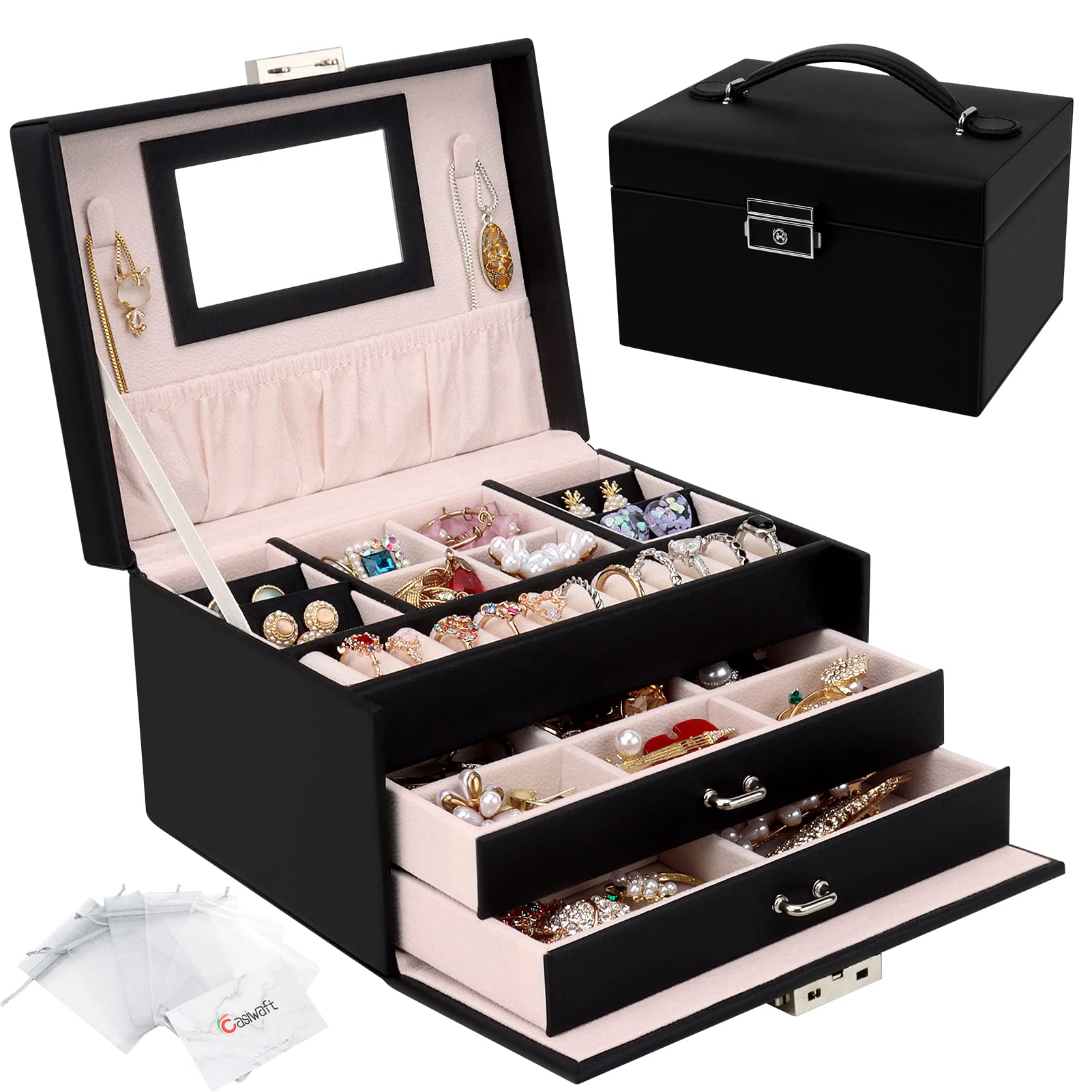 Jewellery Box Organiser, 3 Layers PU Leather Jewelry Storage Case with Mirror and Lock, Lockable Jewellery Organiser with 2 Drawers for Rings, Bracelets, Earrings, Black