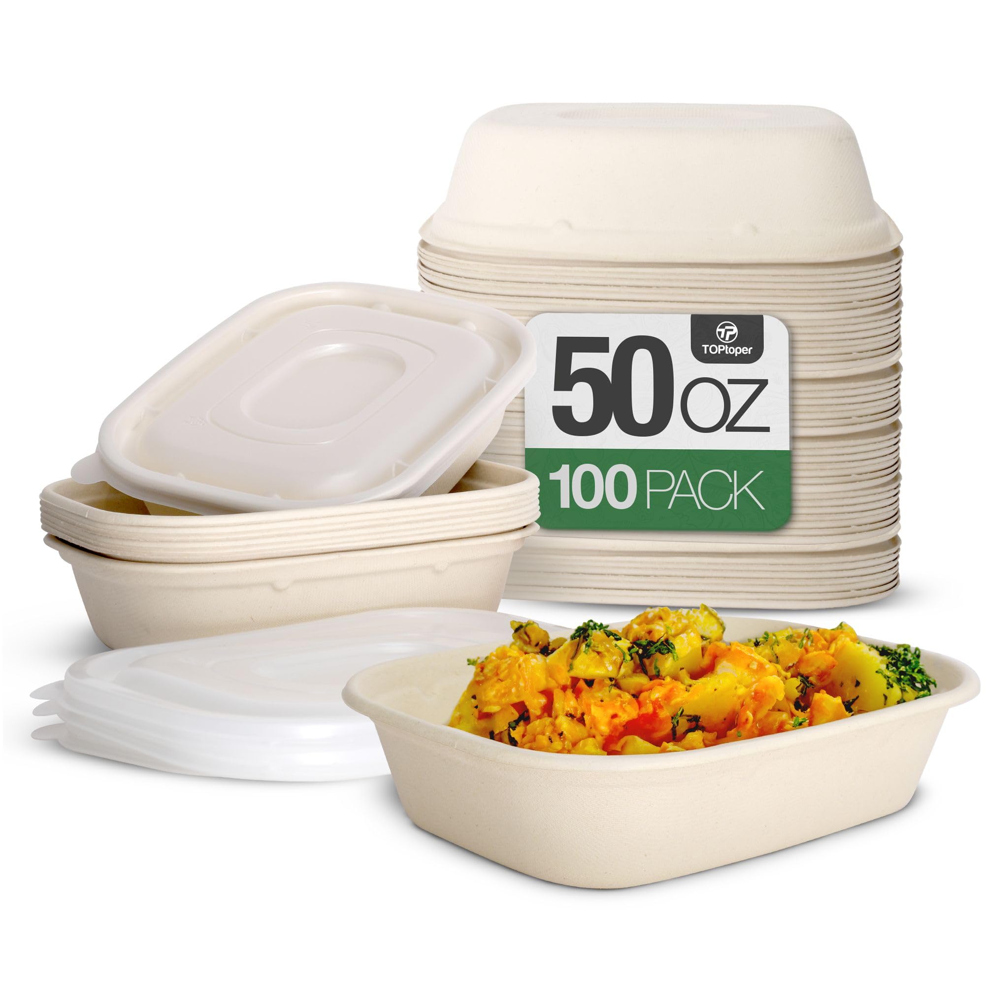 Toptoper 100 pack 50 oz large paper bowls with lids heavy duty paper