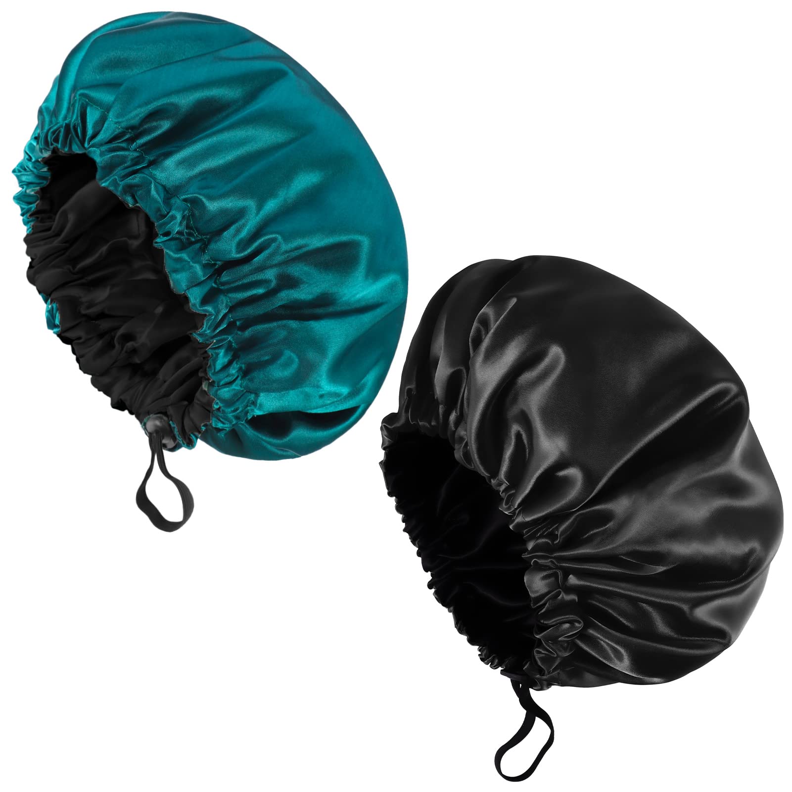 Fuyamp 2 Packs Satin Sleep Cap Shower Cap,Adjustable Silky Sleep Bonnet for Women Long Curly Hair, Double-Sided Waterproof Satin Bath Cap Hair Cap for Women Sleeping Bathing(Black+Lake Green)