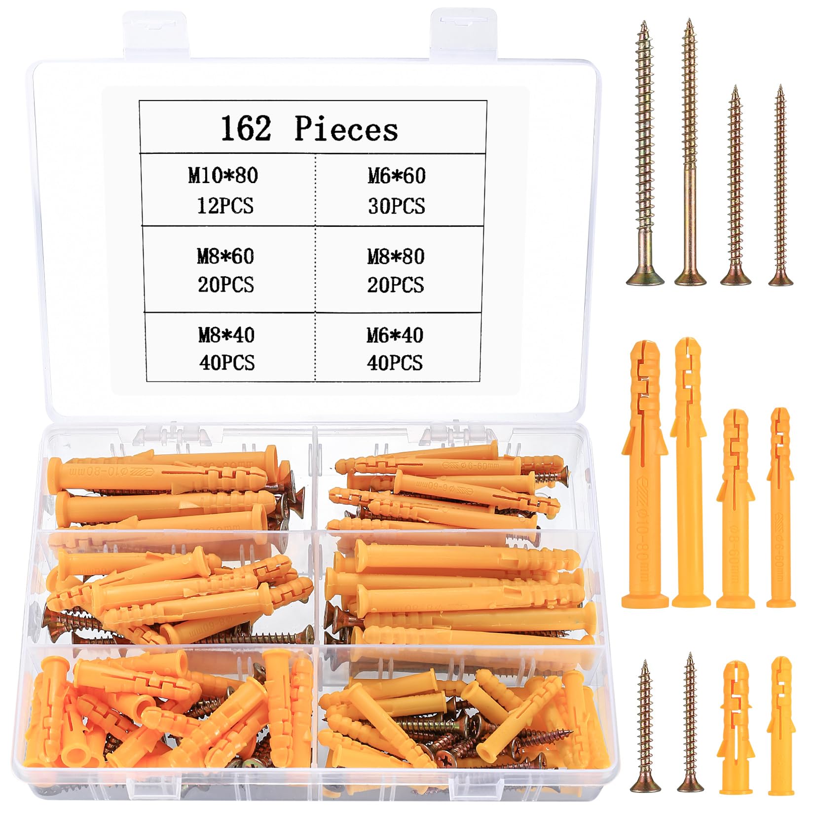 162 Pcs Wall Plugs and Screws, Raw Plug and Screw Set, Masonry Screws and Wall Plugs Set, Expansion Walls Anchors and Heavy Duty Self Tapping Screw and Plug Set for Walls Fixings