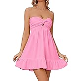 HOCANDY Womens Strapless Mini Dress Twist Knot Front Cut Out Babydoll Dress Smocked Backless Ruffle Hem Tube Dresses