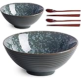 Auanlay 8 Inch Ceramic Ramen Bowl Set of 2, 40oz Ramen Bowls with Spoons and Chopsticks for Pho Noodle Soup, Jade Fleck