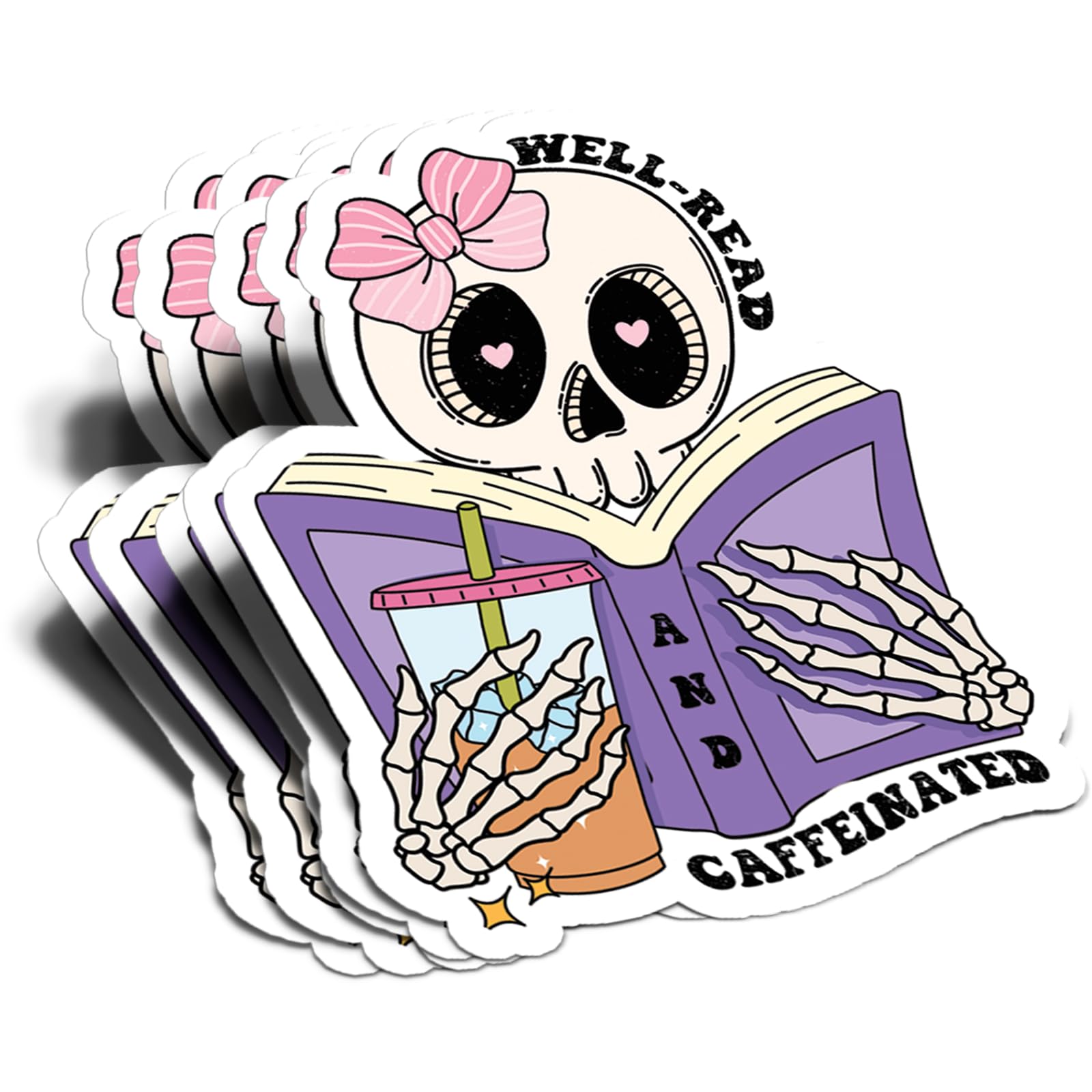 Photo 1 of (5Pcs) Well-Read and Caffeinated Sticker Reading Lover Nerd Book Addict Bookish Decal Waterproof Vinyl Stickers Adult for Laptop Kindle Tumbler Water Bottle Mug Phone Notebook - Size 3”x2.4”