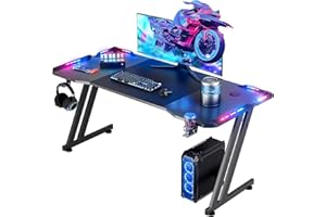 HLDIRECT 55 Inch Gaming Desk with LED Lights Carbon Fiber Surface Z Shaped Gaming Table Large Computer Desk with Cup Holder &