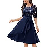 Miusol Women's Classy Scoop Neck Pleated Glitter Sequin Lace Half Sleeve Formal Party A-Line Dress