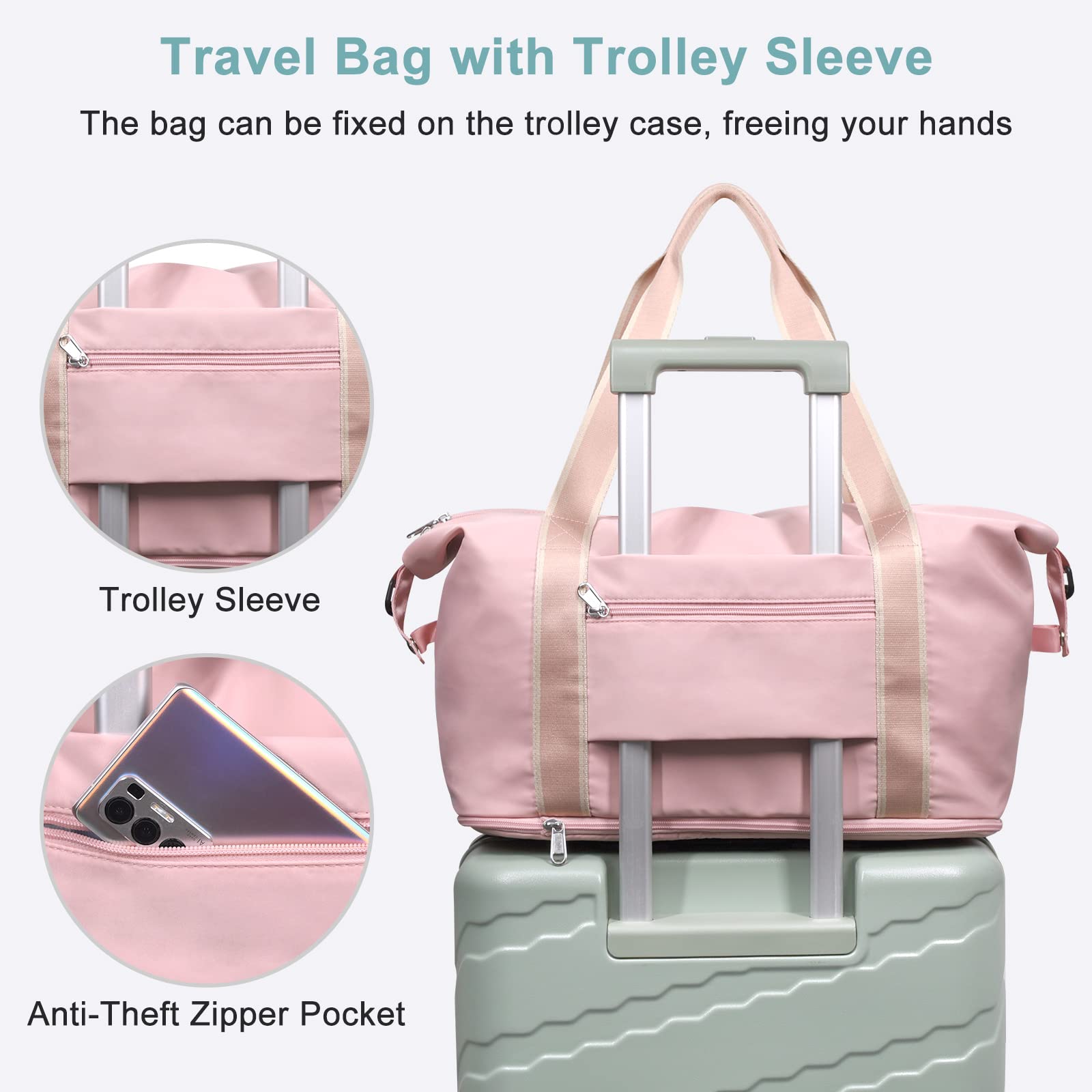 DMLuna Travel Duffel Bag, Tote Sports Gym Bag, Shoulder Overnight Weekender Bag for Women & Men, Hospital bag, Expandable Duffel Bag with Trolley Sleeve/Wet Pocket