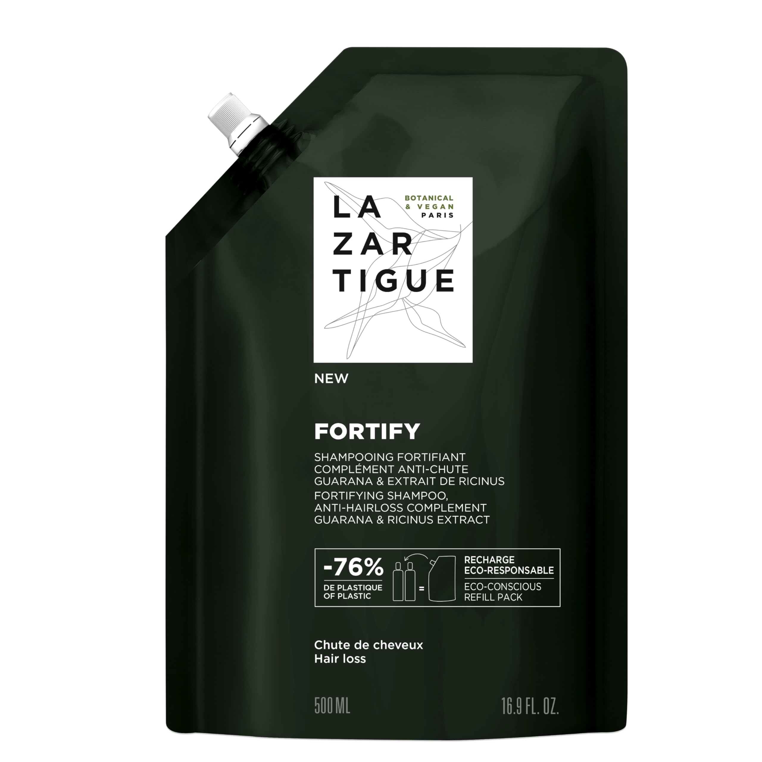 LAZARTIGUE FORTIFY Sulfate-Free Anti-Hair Loss Shampoo, Enriched with Guarana & Ricinus Extracts for Stronger, Thicker Hair. 93% Natural Ingredients, Vegan, Eco-Refill 500ml