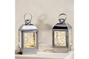 LampLust Silver Decorative Lanterns with Fairy Lights, 2 Pack, LED Flameless Candles, Battery Operated, 6 Hour Timer, 8 Inch Small Lantern, Batteries Included, Winter Wedding Decor, Table Top Decor