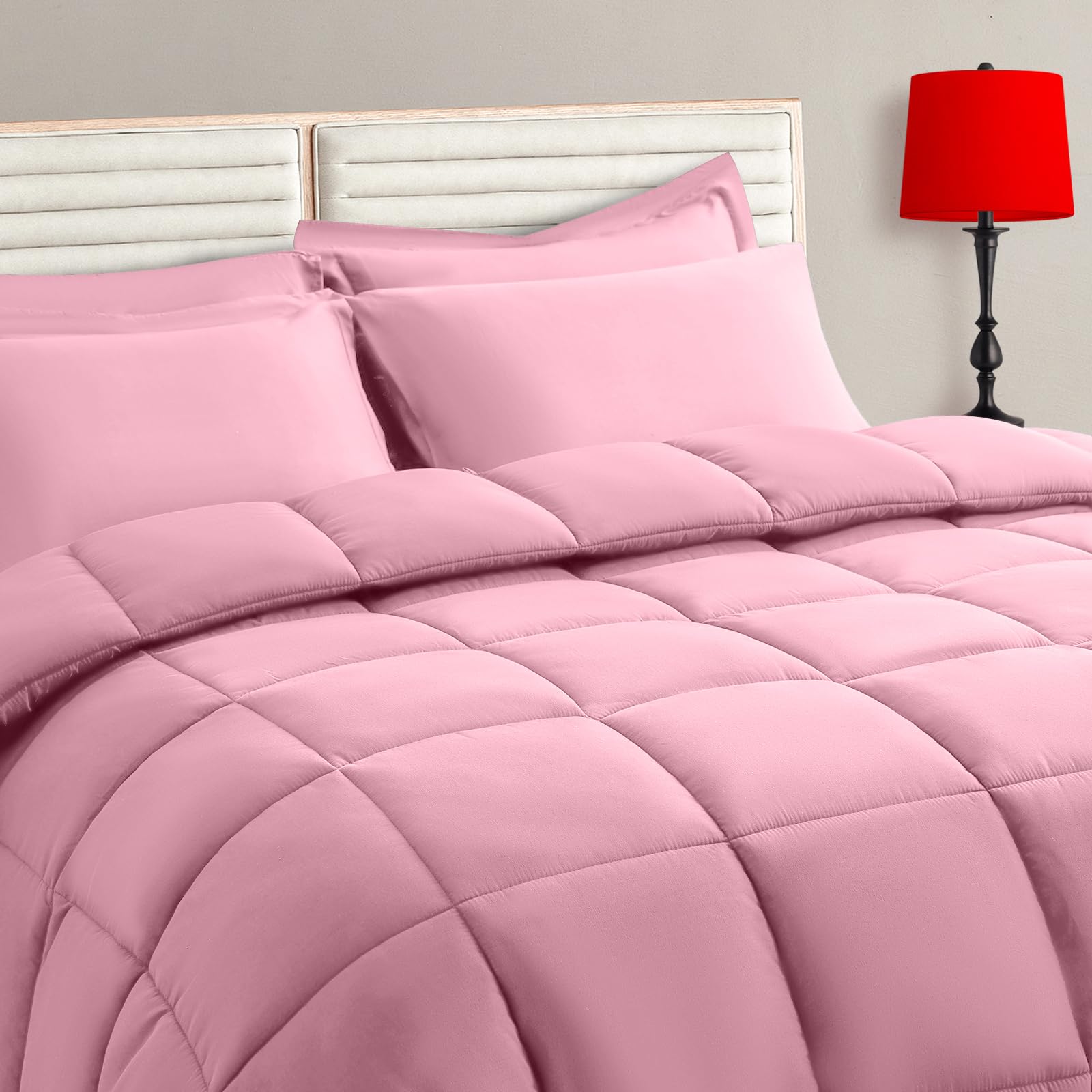 TAIMIT Pink Twin Size Comforter Set - 5 Pieces, Bed in a Bag Bedding Sets with All Season Soft Quilted Warm Fluffy Reversible Comforter,Flat Sheet,Fitted Sheet,1 Pillow Shams,1 Pillowcases